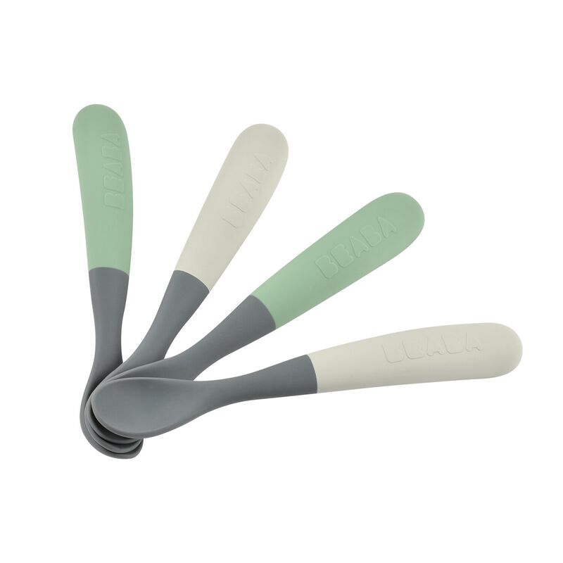 BEABA Lot de 4 cuillères 1er âge silicone bi-ton - Gris minéral/Vert sauge