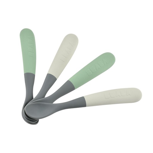 [913575] BEABA Lot de 4 cuillères 1er âge silicone bi-ton - Gris minéral/Vert sauge